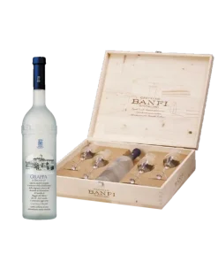 Cassetta legno Grappa di Brunello Torre + 4 bicchieri Acquavite Da Vinci Crystal – Banfi