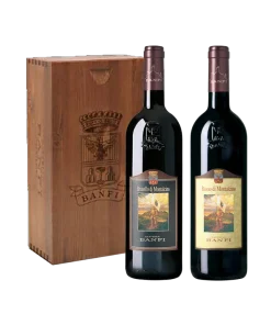 Alternative view of Cassetta legno 2 BT: 1 Brunello di Montalcino · DOCG 2015 – Rosso di Montalcino · DOC 2018 – Banfi